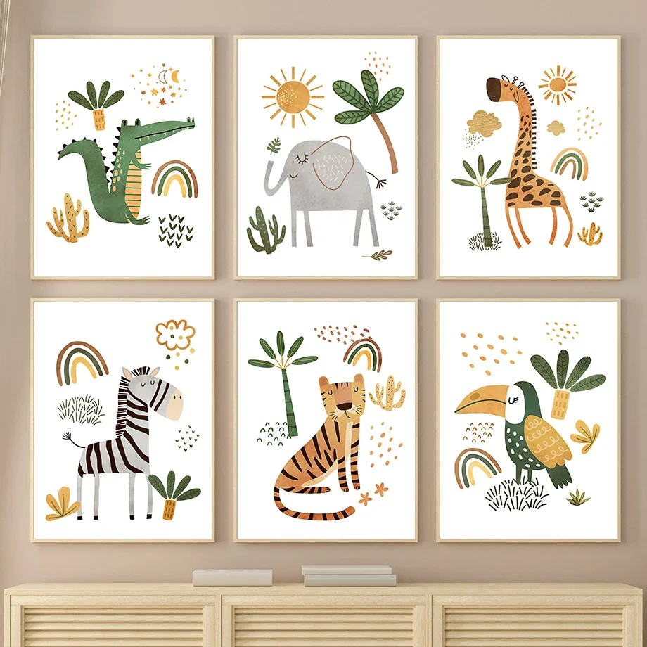 Baby Nursery Plants - (2D canvas schilderij) Giraffe Olifant Tijger