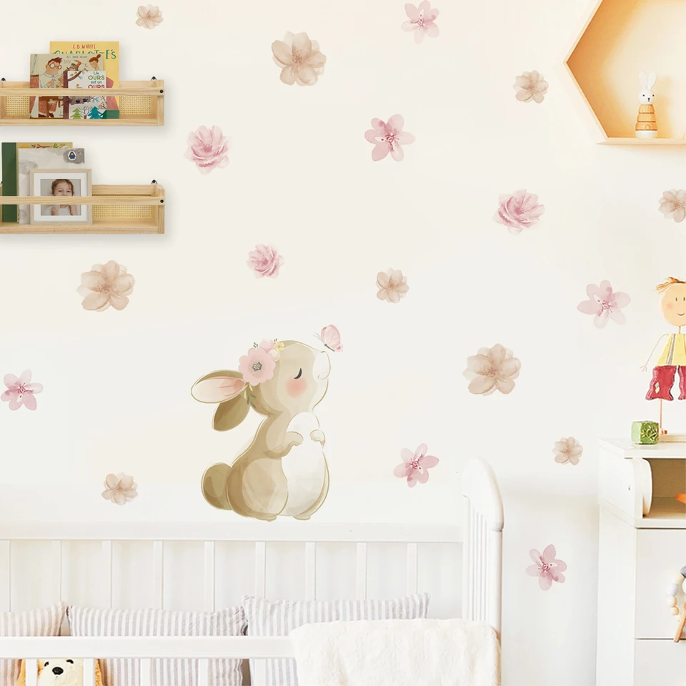Wall Decal Nursery - Boho-stijl bloemenkonijn-vlinder wandsticker voor kinderkamer, slaapkamer,