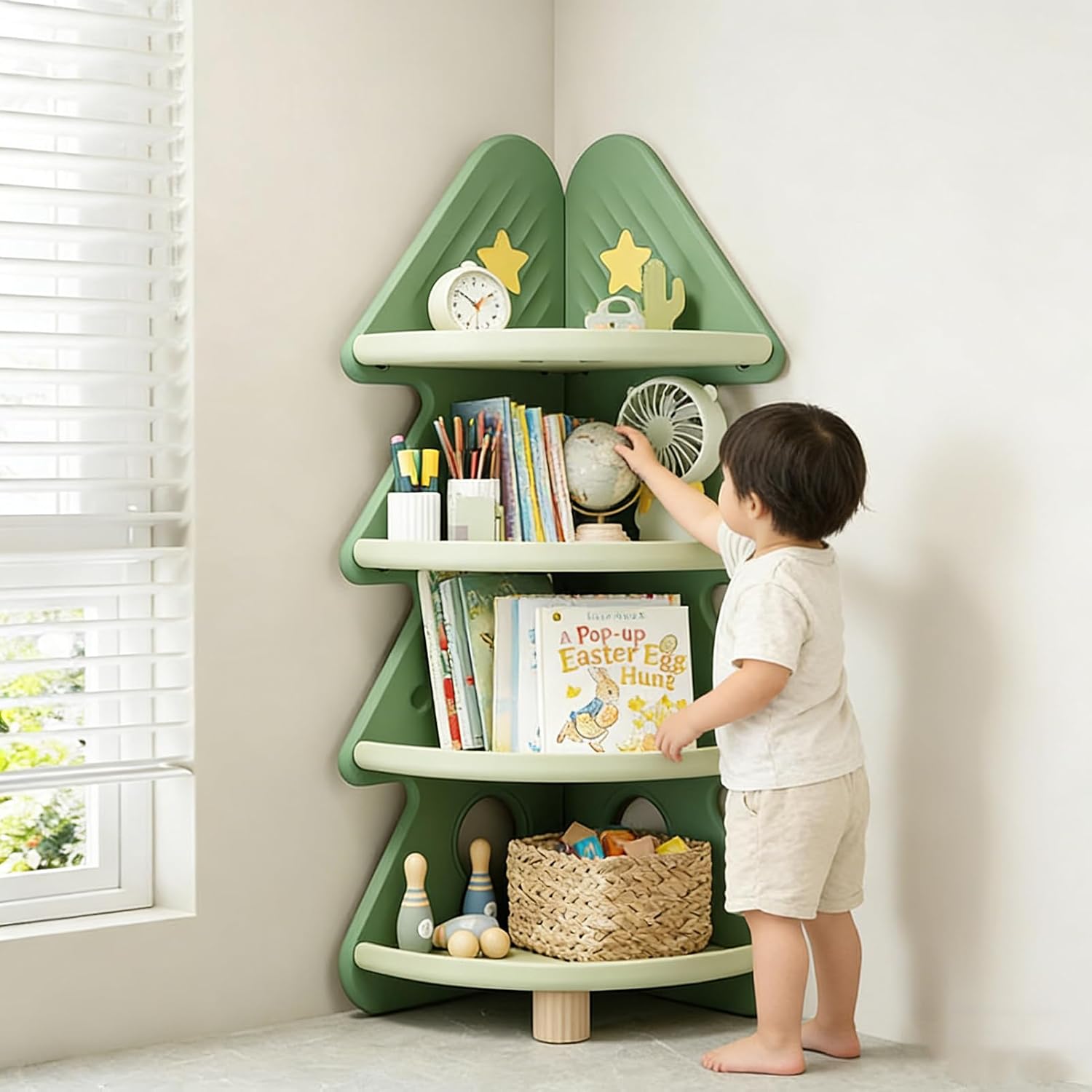 Baby Nursery Bookshelf - 4-laags hoekboekenplank speelgoedopbergorganizer boomvormige boekenkast Montessori
