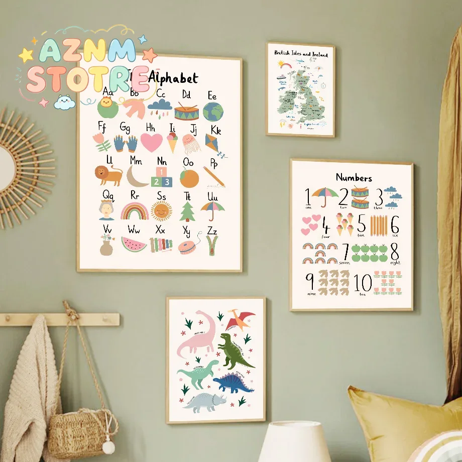Baby Nursery Ornaments - Dierenwereldkaart Dinosaurus Alfabet Nummer Canvas Wandkunst