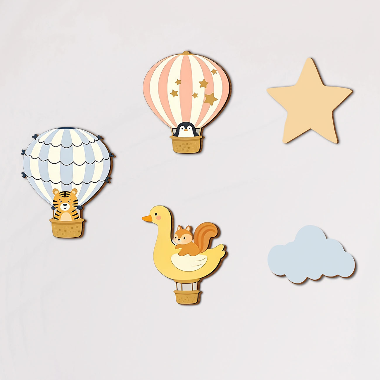 Wall Decal Nursery - 5 stuks dieren heteluchtballon houten muurstickers